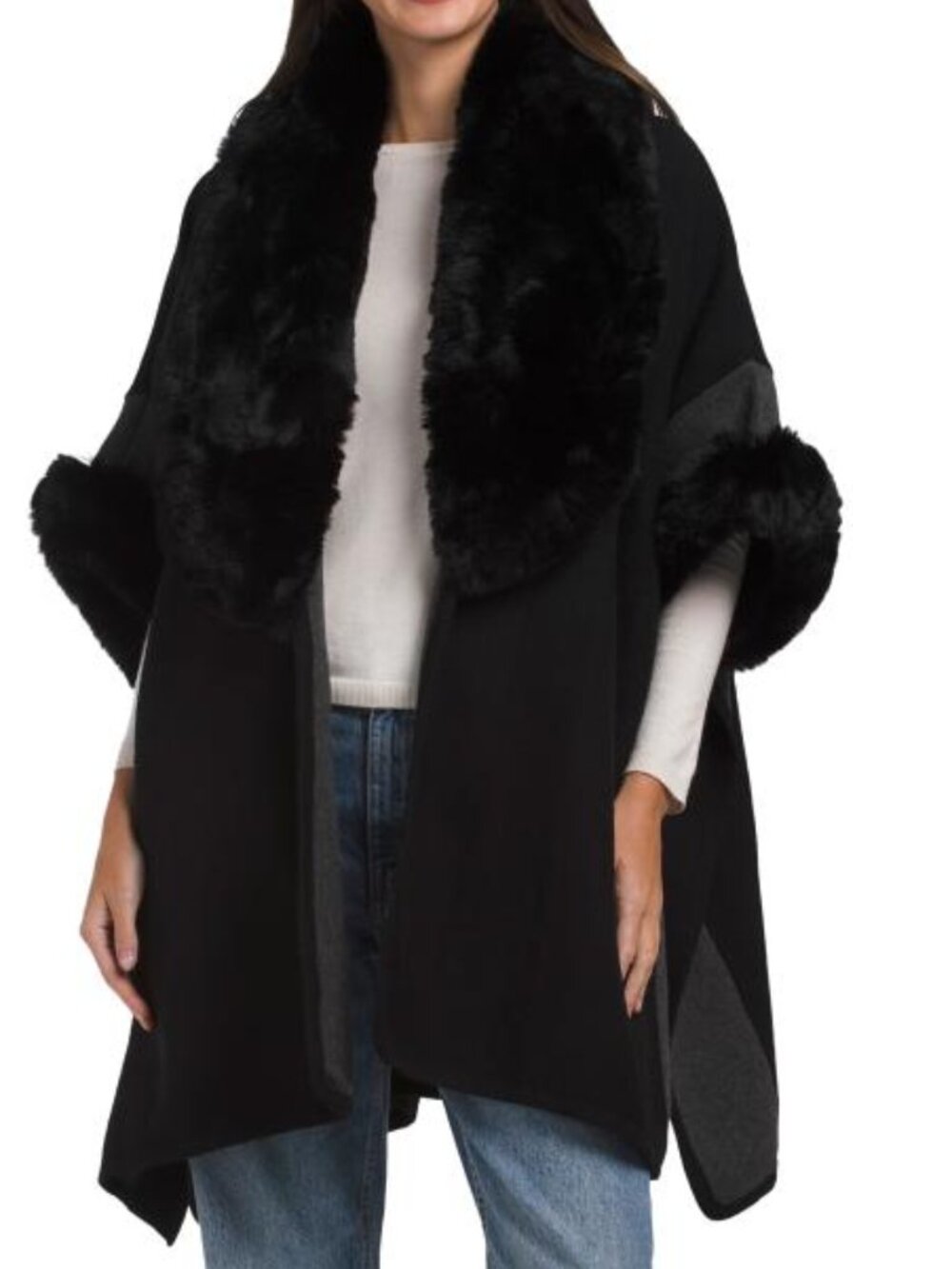 MAX STUDIO Two Tone Design Faux-Fur Trim Ruana